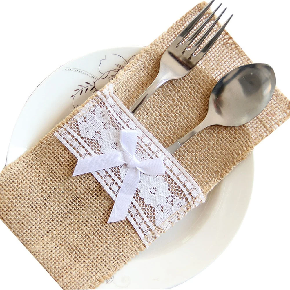 Retro Hessian Jute Burlap Lace Linen Cutlery Pouch Holder Bag for Wedding Party Table Decoration Supplies