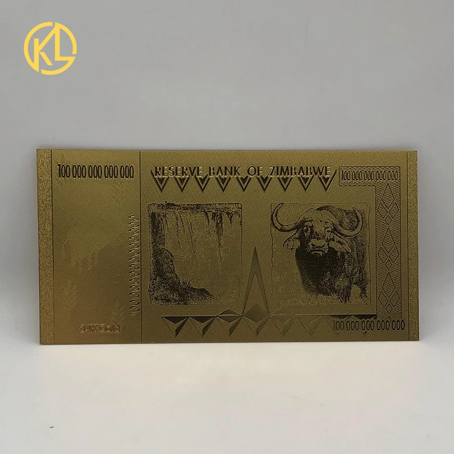 1000pcs 24K Gold Plated Banknotes 100 Trillion Dollar Zimbabwe Banknote Buffalo Bill in Plastic Material with COA