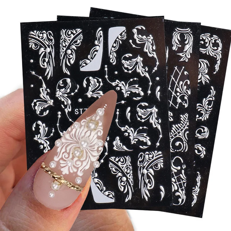 New 5D Acrylic White Wedding Design Nail Stickers Embossed Flower Lace Adhesive Decals French Winter Sliders DIY Manicure Decor
