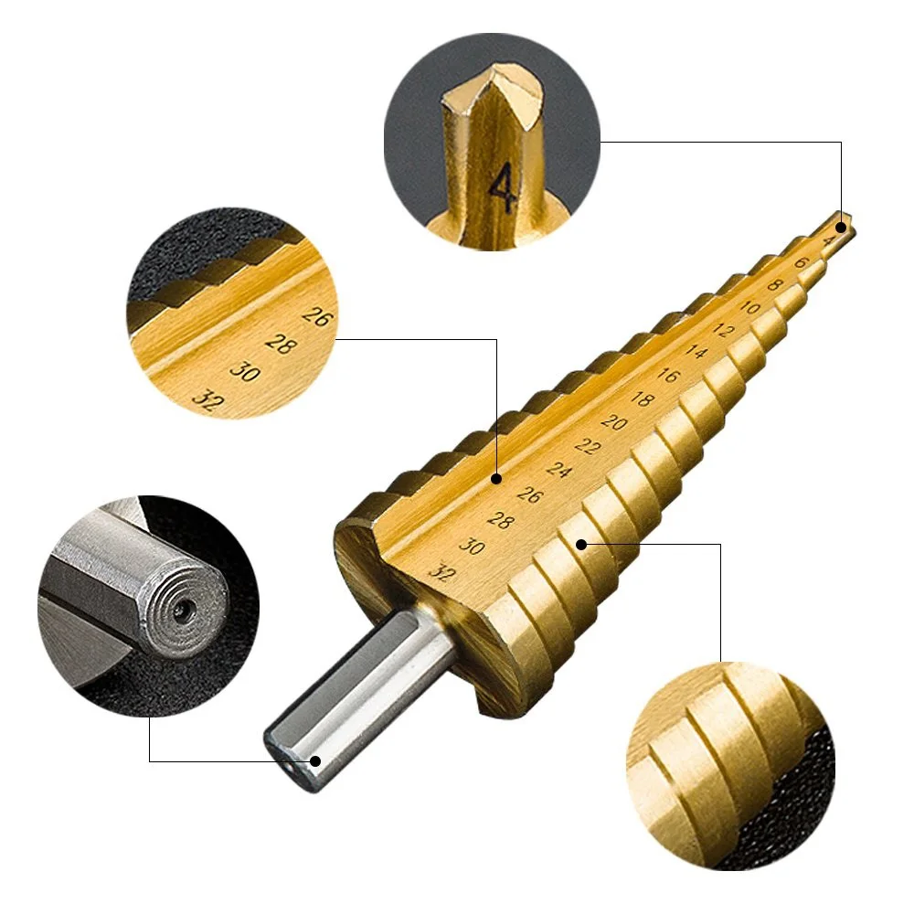 Custom Hex Shank Hss Titanium Coated Step Drill Bit HSS Wood Metal Drilling Power Tools