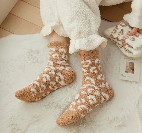 Warm Thicken Leopard Women Tube Winter Fluffy Socks Sleeping Floor Crew Hosiery Home Cozy Socks for Women