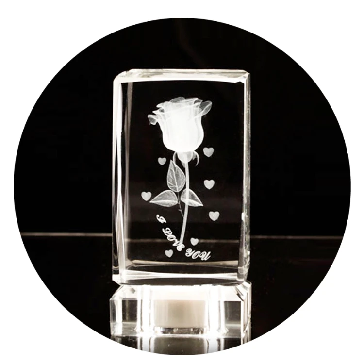 OEM / ODM 3D laser Crystal Rose cube & block with Led light base