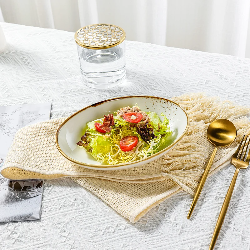 White Gold Rim Ceramic Plate Hotel Plates Sets Dinnerware Ceramic Durable Porcelain Hand Painted