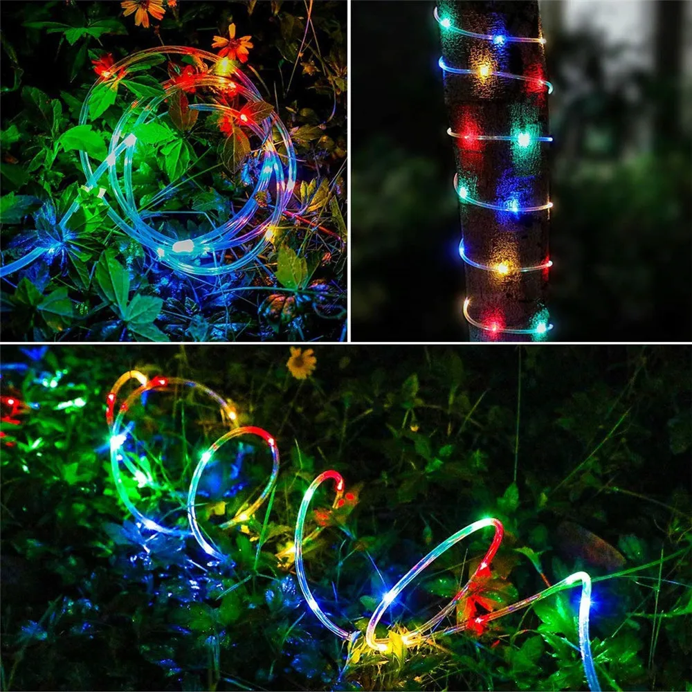 7/12/22M 8 Modes Tree Decoration Solar Rope Tube Lights LED Tree String Lights Outdoor Waterproof