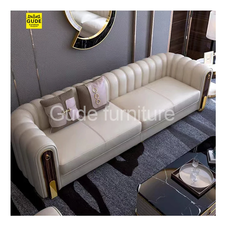 Luxury Living Room Furniture White Leather Upholstered Chesterfield Sofa Set Solid Wood Sofa Set GUDE Sofaset Living Room Modern