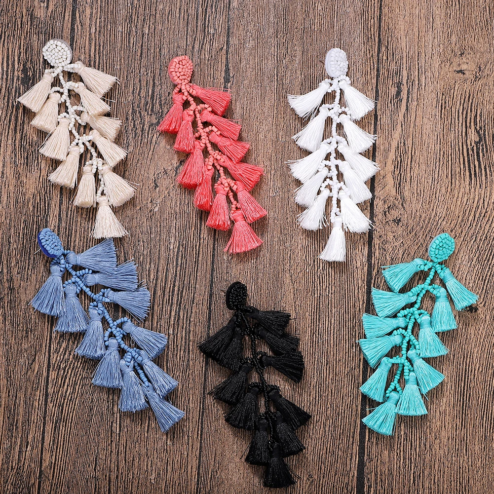 
Barlaycs 2019 Fashion Statement Bohemian Long Beaded Tassel Fringe Thread Dangle Earrings for Girls Women Jewelry 