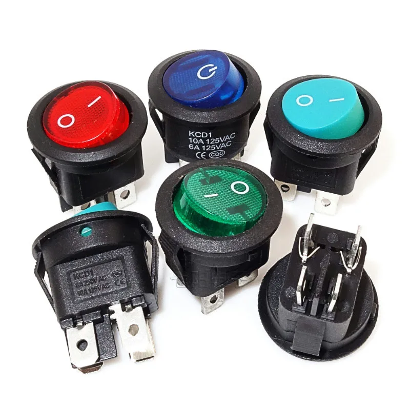 23mm Round Red Light 4 Pin 10A/125V 6A/250V AC 2 Position DPDT ON-OFF KCD1 Rocker Switch Snap-in