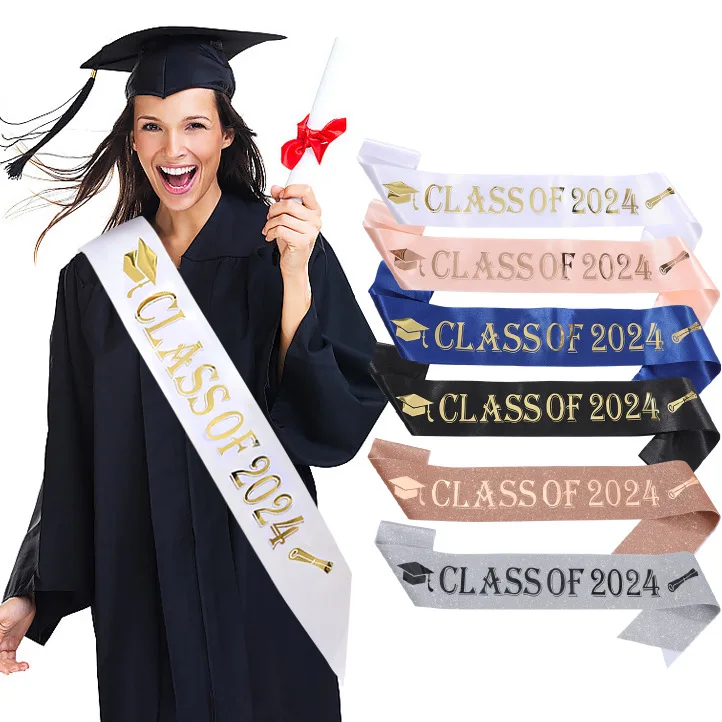 Graduation Party Decoration Black Blue Rose God Class of 2024 Stole Glitter Satin Sash For Graduate College Students Grad Party