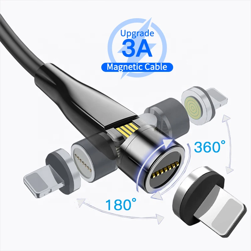 360 180 540 Degree 3A Fast Dual Data Transfer Magnet Charging Cable 3 in 1 540 Degree Magnetic Cable