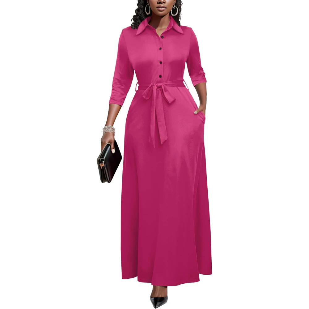 Women Church Maxi Dresses 3/4 Sleeve Button Down Print Casual Office Dress African Fashionable Bodycon Premium Elegant Outfits
