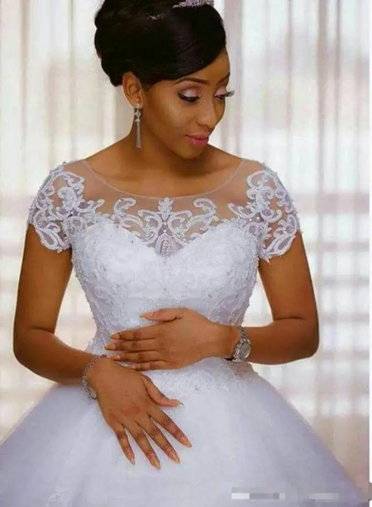 Morili White Customized Appliqued Beaded Lace Puffy African Ball Gown Cheap Wedding Gowns