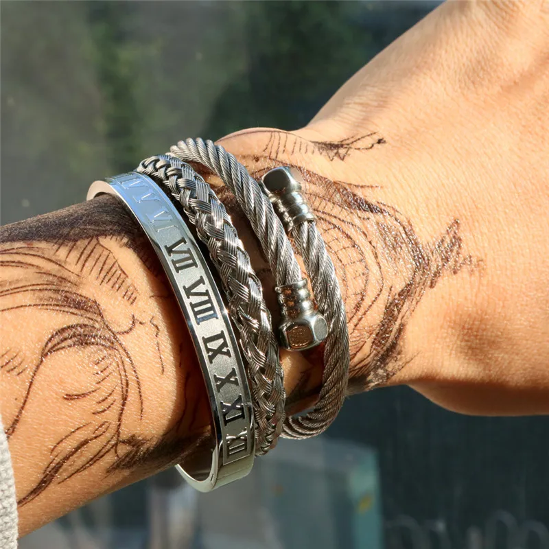 Stainless Steel Roman Numerals Cuff Bangles Set Adjustable Twist Bracelet Screw Nut Rome Gold Plating Titanium Steel Men Jewelry