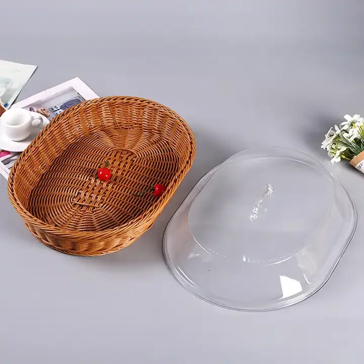 Kitchen food bread woven plastic woven basket small fruit PP rattan oval storage basket with lid plastic tray