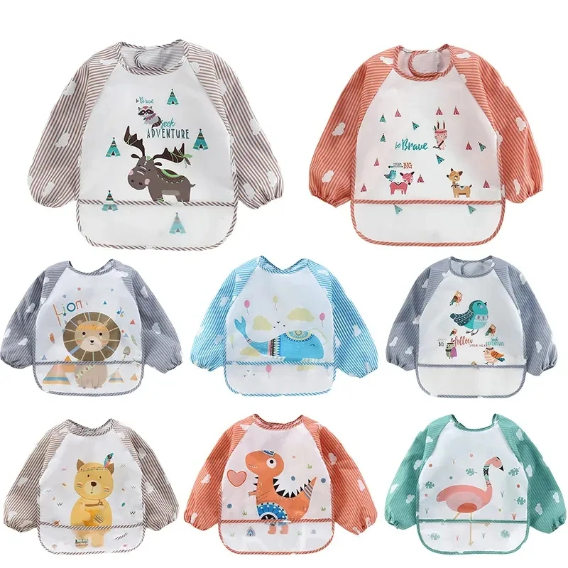 I-0132 Infant Toddler Baby Cartoon Long Sleeve Art Apron Animal Smock Soft Waterproof Baby Eating Bib