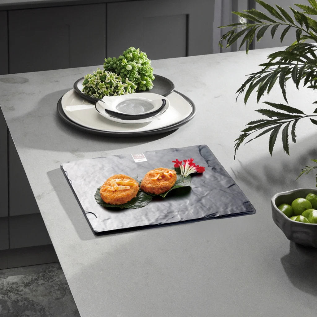 Hot Sale 100% Melamine Square Black Slate Stone Plate