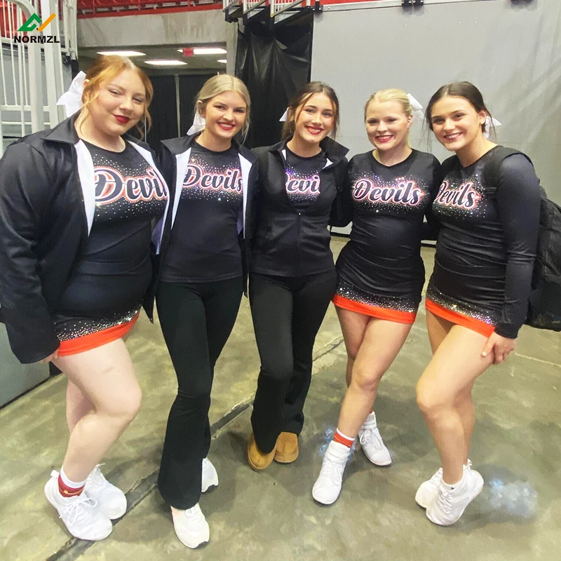 Custom Sexy Multicolor Rhinestone Cheer Uniforms Tops And Skirt Sublimated Printing Cheerleader Uniforms For Women