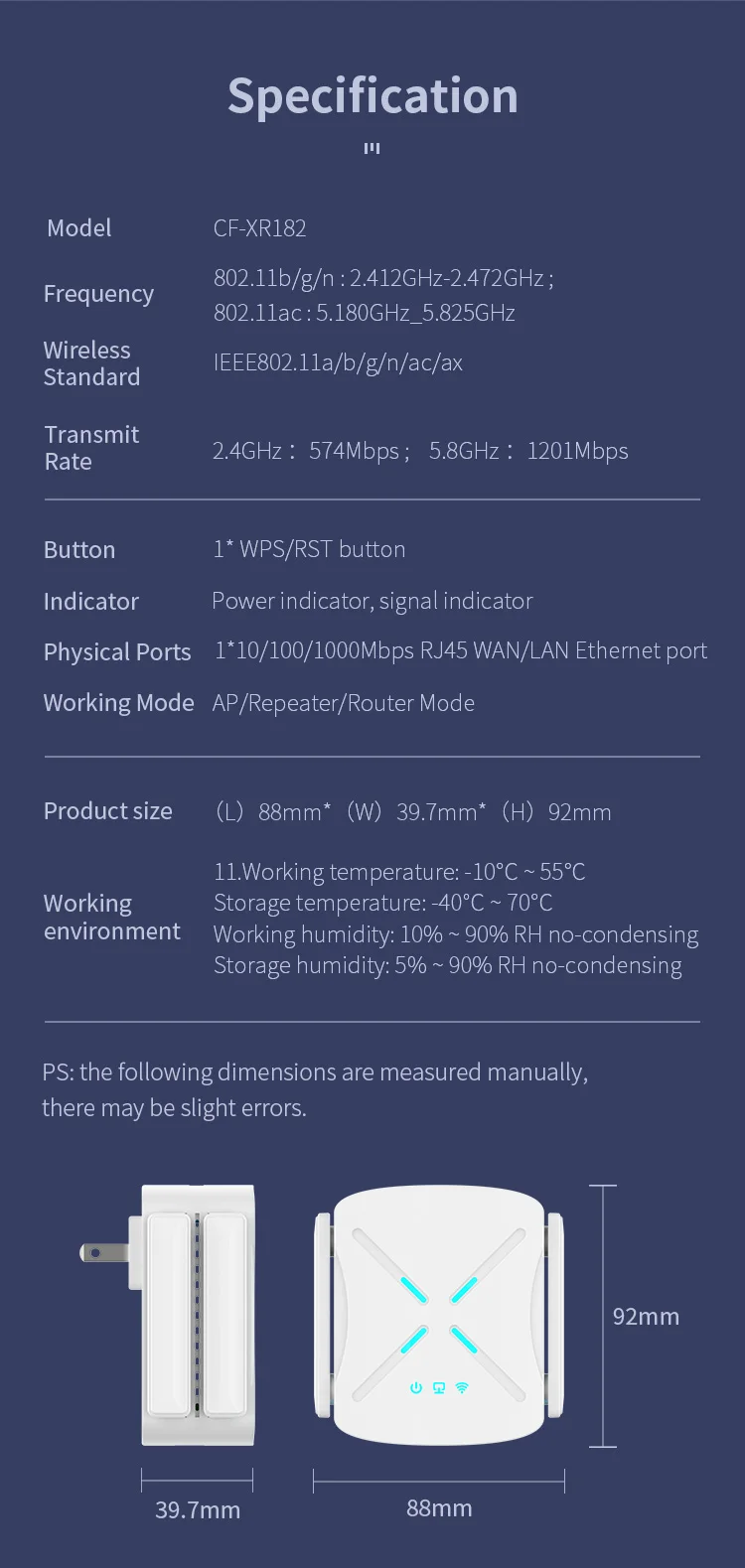 Comfast OEM/ODM 1800Mbps Wifi6 Wireless Repeater CF-XR182 Full Gigabit Mesh Router WiFi Repeater 4 Antennas Network Extender