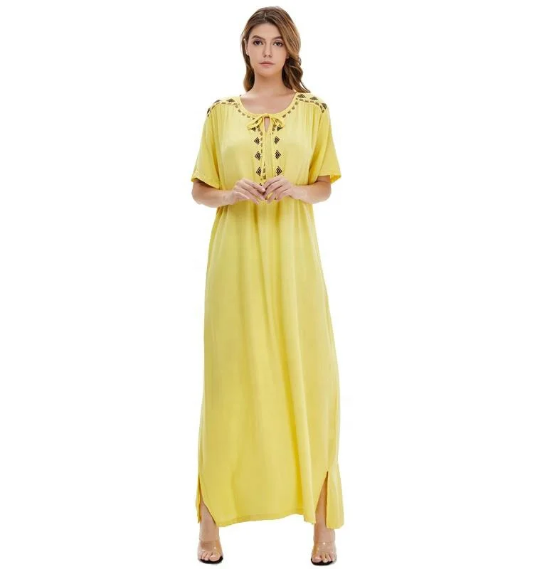 Muslim Kaftan Nighty for Ladies Dubai Yellow Muslim Dress Maxi Women Abaya Fashion Robe Femmes Pajama