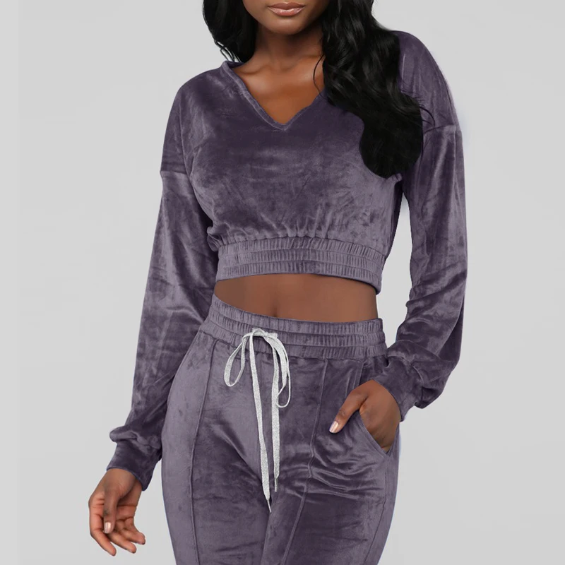 Hot Sale 2 Piece Plus Women Long Sleeve Velvet Tracksuit Running Sets Sweat Suits Sweat Pants Jogger Casual Sportswear Suits