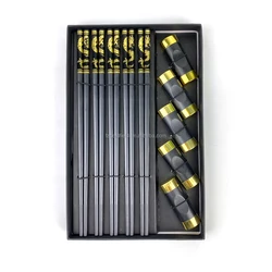 Dishwasher safe Wholesale Reusable 5prs  Black PPS Chopsticks   Chinese Dragon Pattern  Set With 5pcs Melamine  holder