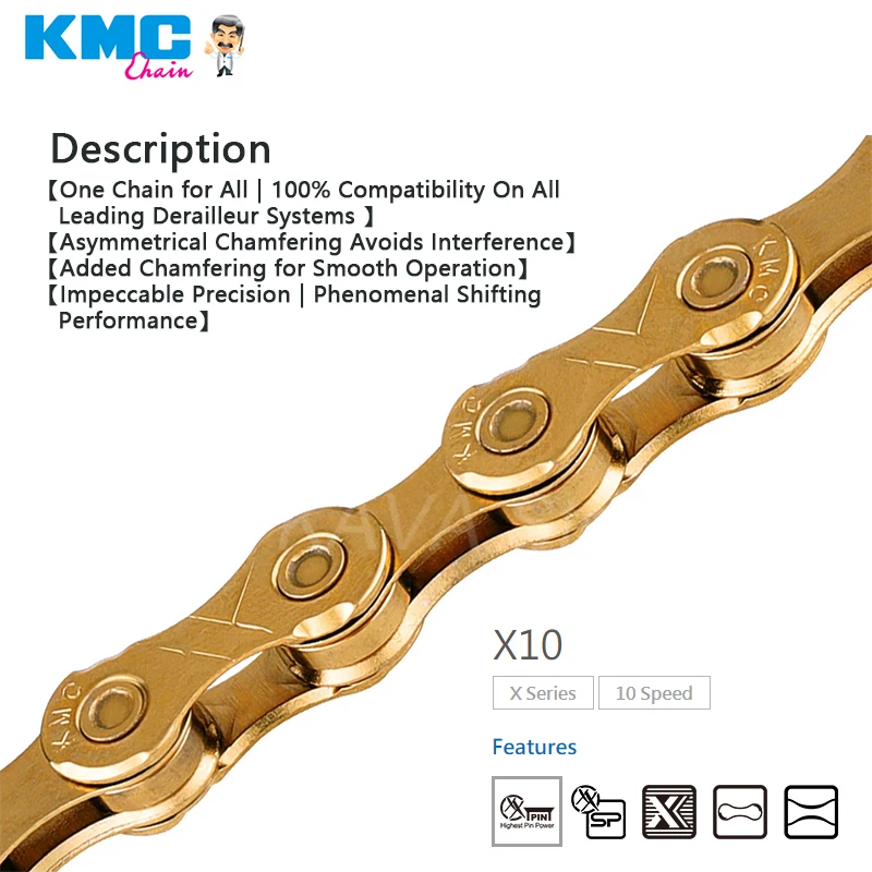 KMC high quality aluminum alloy silver gold wholesale series 10 Speed bicycle chain MTB Road KMC X10 X10SL X10EL 116L Bike Chain