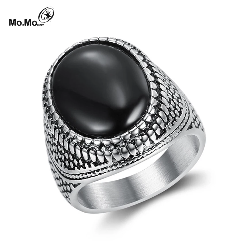 Cool Fashion Turkish Jewelry Black Rings For Men Light-Weight Natural Agate Stone Vintage Real 925 Sterling Silver Men Rings