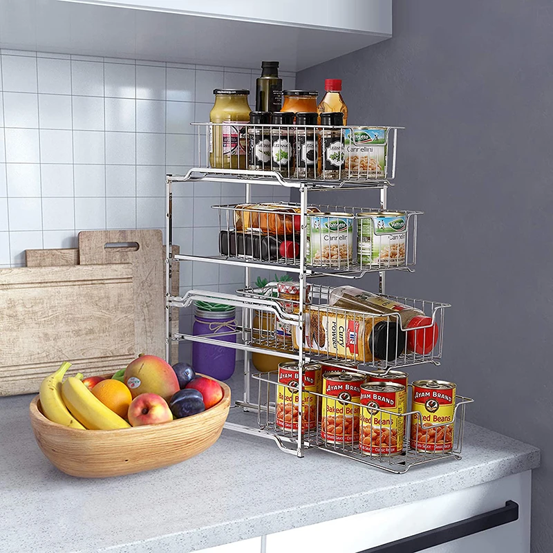 2 Tier Under Sink Storage Stable Basket Organizer with Sliding Storage Drawer for Kitchen Bathroom Pantry Cabinet