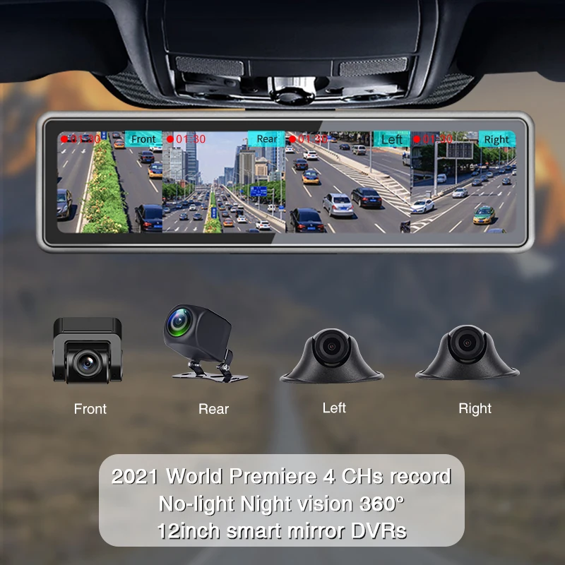 12 Inch 4 Cams Record Night Vision Car Video Recorder 360 Degree View Touch Screen Smart Mirror DVRs 4 Split Display