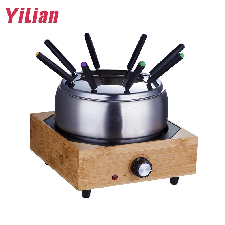 Electric Bamboo Base 8 persons Household Icecream Cheese Chocolate Tapas Melting Pot Tray Stainless Steel 304 Fondue Hot Pot