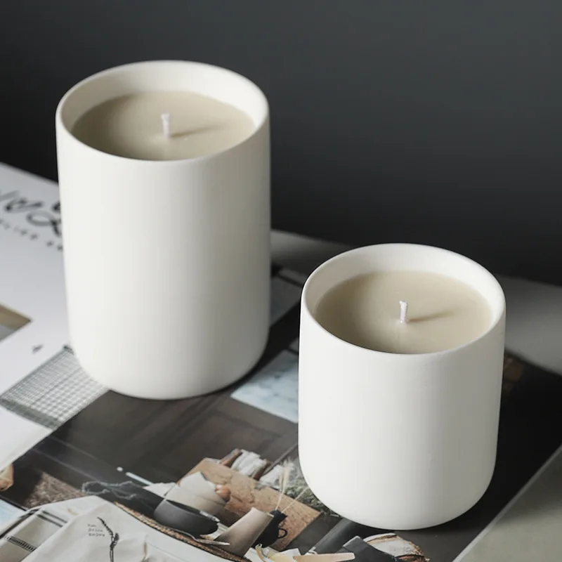Matte white modern solid color cylindrical ceramic candle jar candle container for candle making