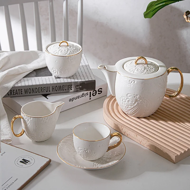 Light Luxury 4PCS Ceramic Afternoon Coffee Pot Cup Set Stoneware Tea Cup Saucer Set