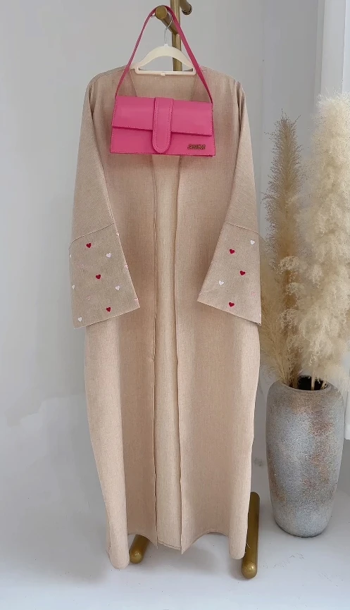 Loriya 2024 EID Heart Pattern Embroidery Linen Open Abaya Dubai New Fashion Kimono Islamic Clothing Women Muslim Dress