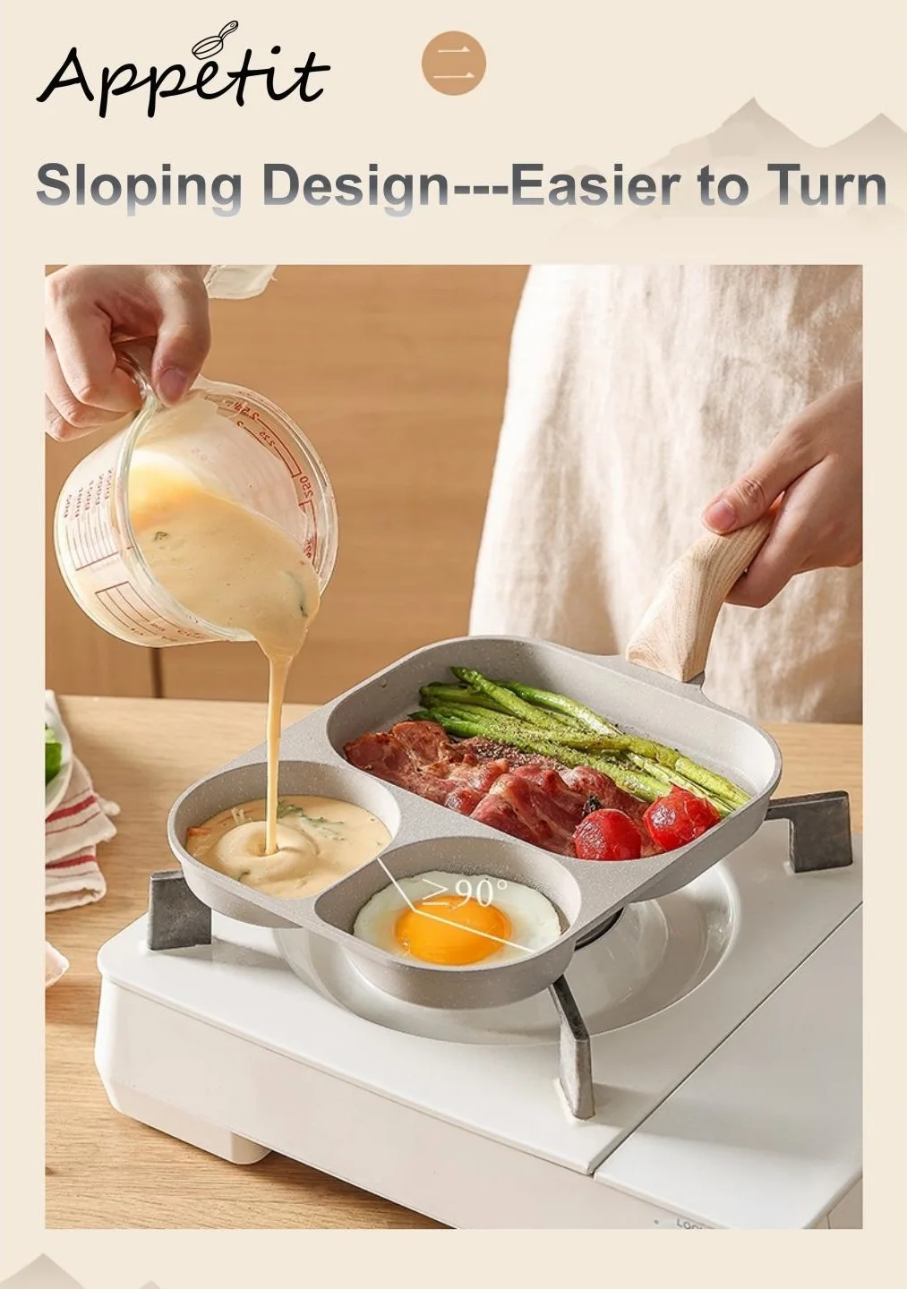 Die Cast Nonstick Cookware Aluminium Breakfast Cooking Omelet Egg Fryer Pans Non-Stick 3 in 1 Egg Pan for Induction Bottom