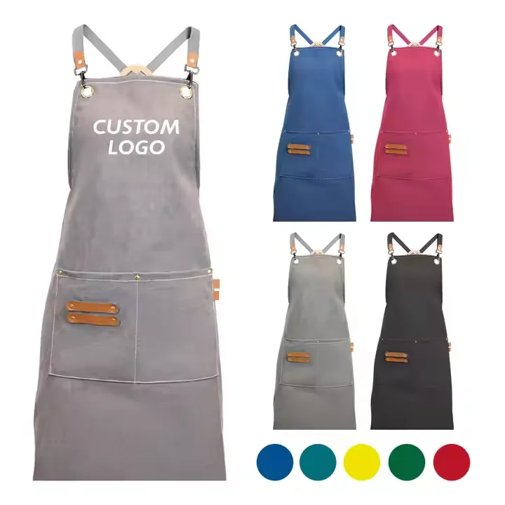 New Arrival Bar Coffee Shops BBQ Home Kitchen Pure Cotton Black Green Grey Red Western-Style Bib Apron with pockets