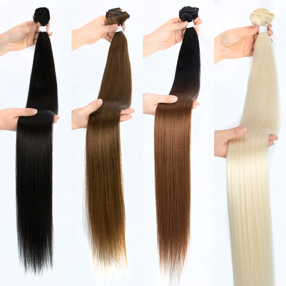 Super soft smooth natural black ombre blonde color 12 to 36 high resistant bone straight synthetic hair bundles with closure