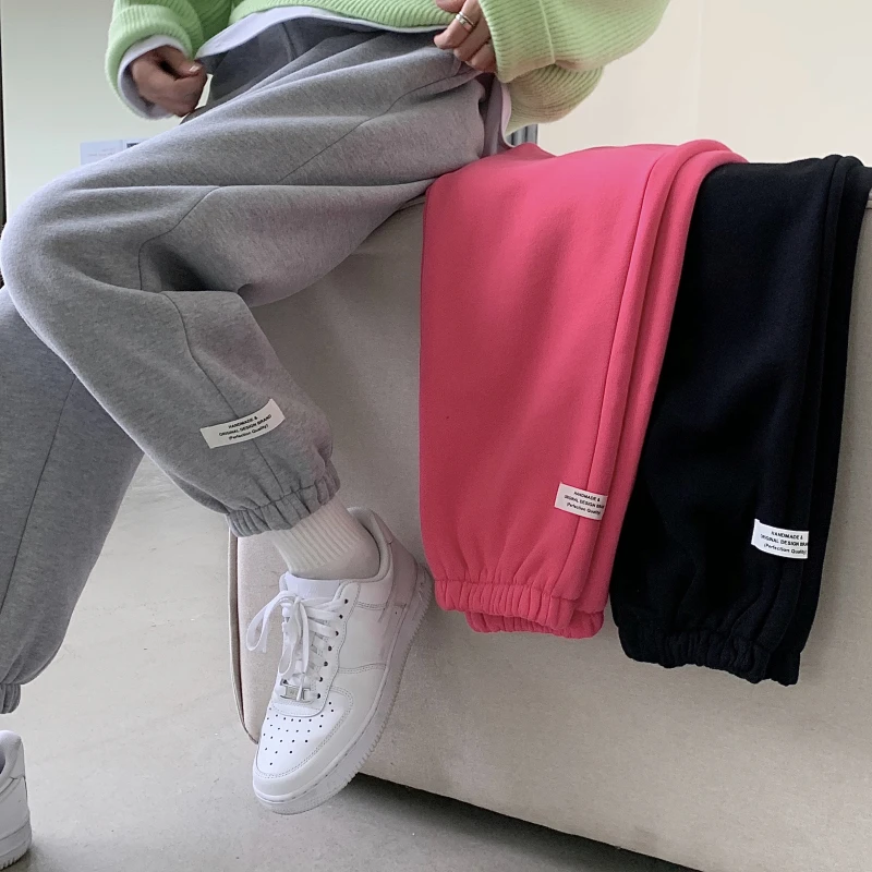 Solid Color Fleece Warm Cotton Plain Dyed High Quality Fashion gray Trousers Casual Women Sports Pants Sweatpants