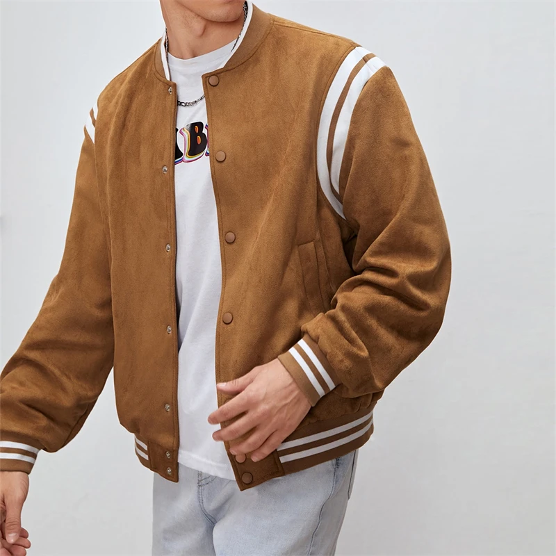 Custom Logo Unisex Letterman Hip Hop Brown Plain Suede Fleece Crop Vintage Winter Casual Men Jacket Coat