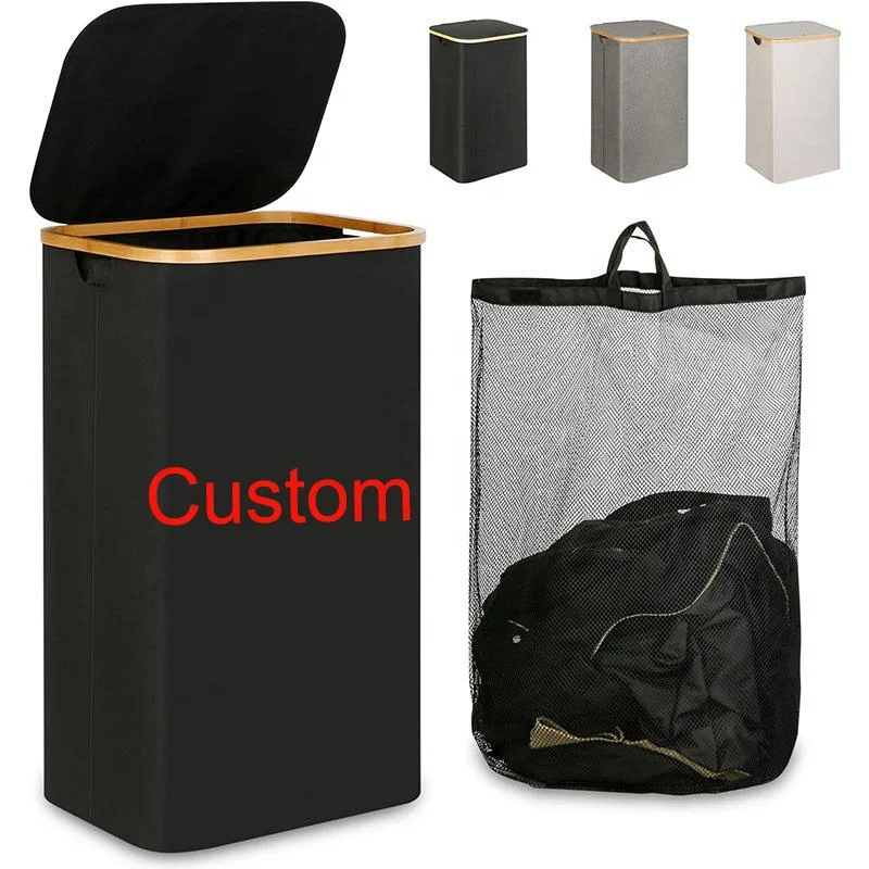 Large Black 600D Oxford Foldable Laundry Basket Clothes Hamper With Lid Bamboo Handles For Bedroom Bathroom Dorm Laundry Room