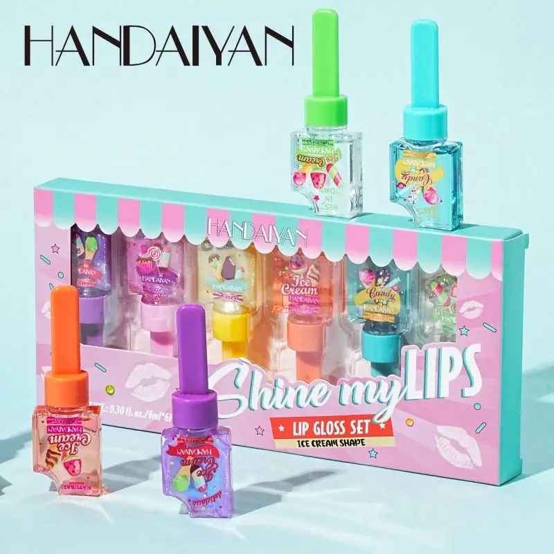 High Quality 6Pcs/set Cute Ice Cream Design Lip Stain Glitter Lip Gloss Color Changing Moisturizing Liquid Lipstick Set Lip Oil Makeup Kit