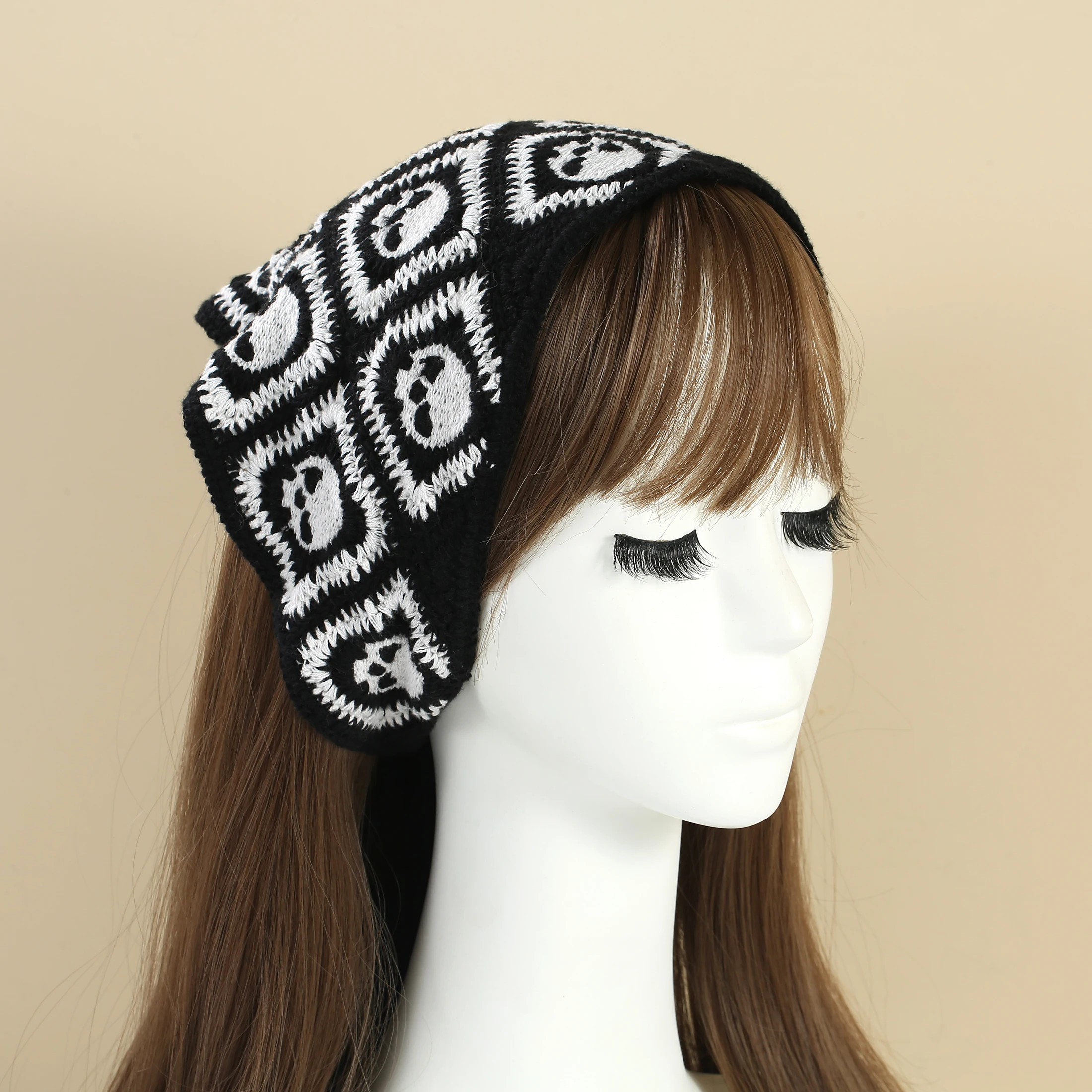 Cute Girl Black Spiderweb Skulls Embroidery Crochet Ethnic Bohemian Style Halloween Holiday Square Hair Accessories for Adults