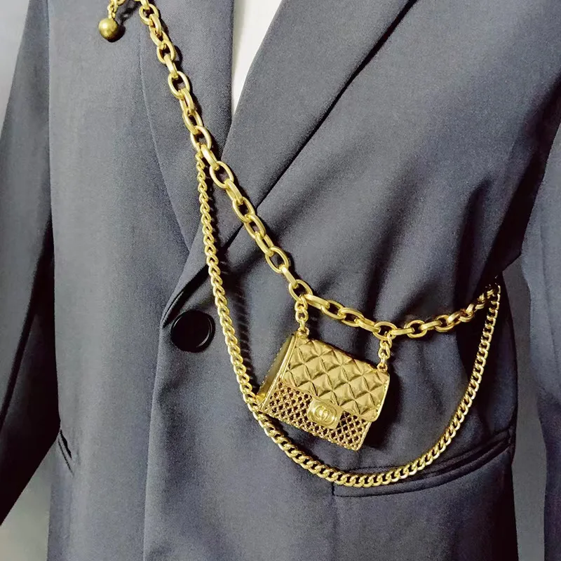 REWIN Luxury Fashion Design Double Layer Metal Waist Chain Mini Bag Pendant Leather Shoulder Chain Belt Body Jewelry Accessories
