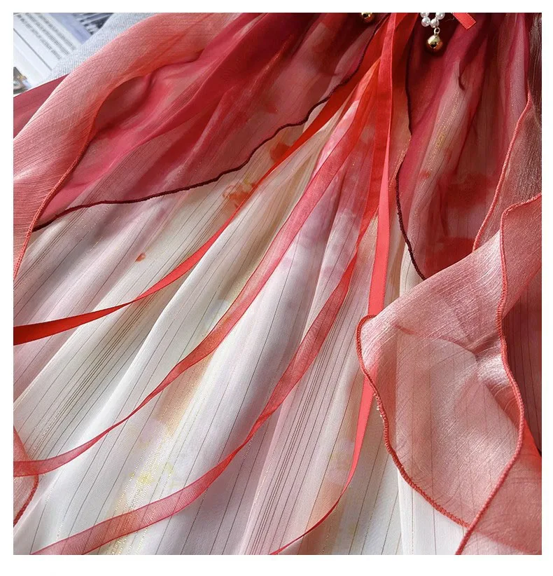 2024 Red EMB Floral Pattern Chiffon Hanfu Dress for Little Girls Traditional Chinese Pearl Decor Tang Dress for Summer Parties