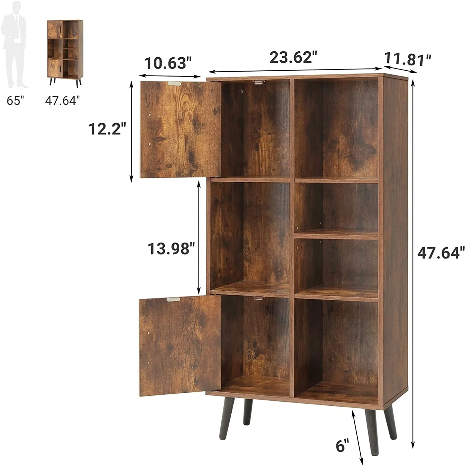 Large Storage Cabinet, Mid Century Bookshelf with 2 Doors, 5 Open Shelves, Free Standing display