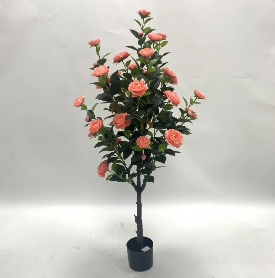 Customized Plastic Bonsai Flower Camellia Green Plant Artificial Rose Tree With Pot for Home Decor