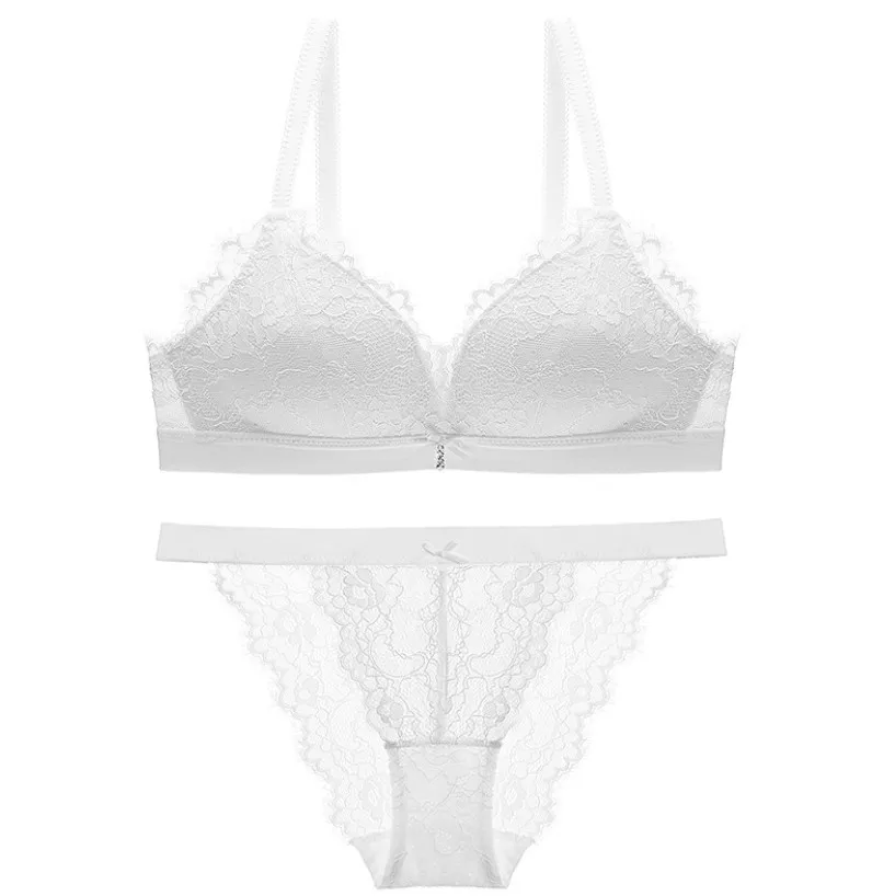 
Gathered no steel ring bra set thin section new ladies sexy lace underwear wholesale bra and pants 