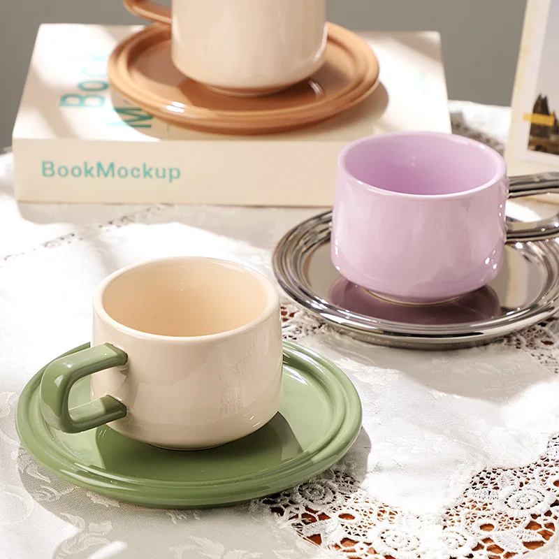 Drop Shipping Light Luxury Ins Interesting Contrast Color Ceramic Coffee Cup Simple Afternoon Tea Ceramic Coffee Cup And Saucer