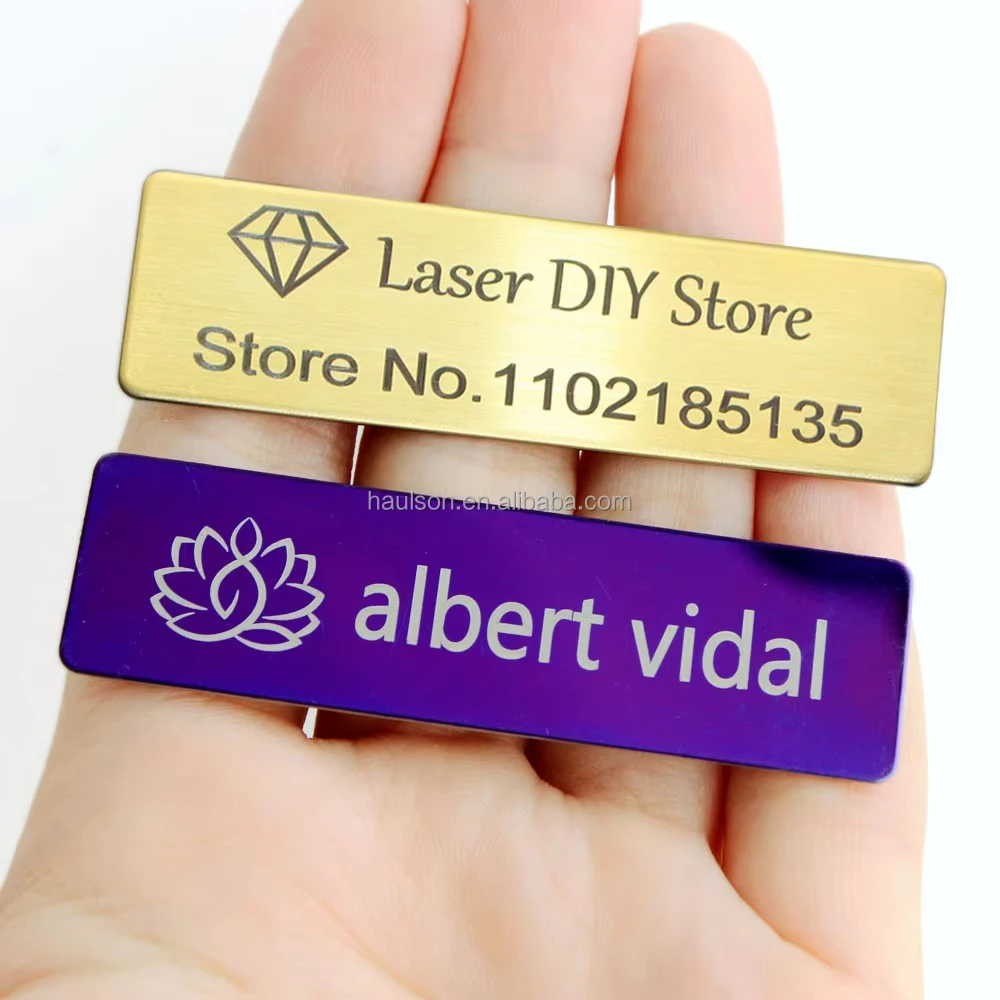 7 x 2 cm Customizable Brooch Personalized Laser Engraved Letter Pattern Name Tag Badge Pin Stainless Steel Metal ID Nameplate