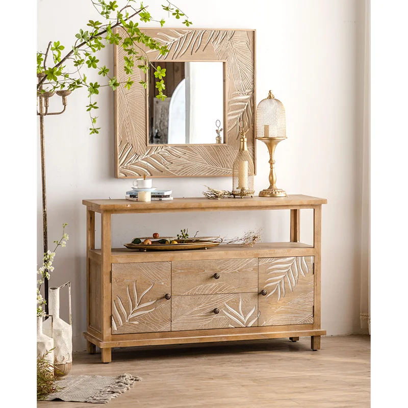Dining Room Wood Side Cupboard Cabinets Antique Console Table Hand Carved Leaf Art Door Accent Cabinet With Shelf