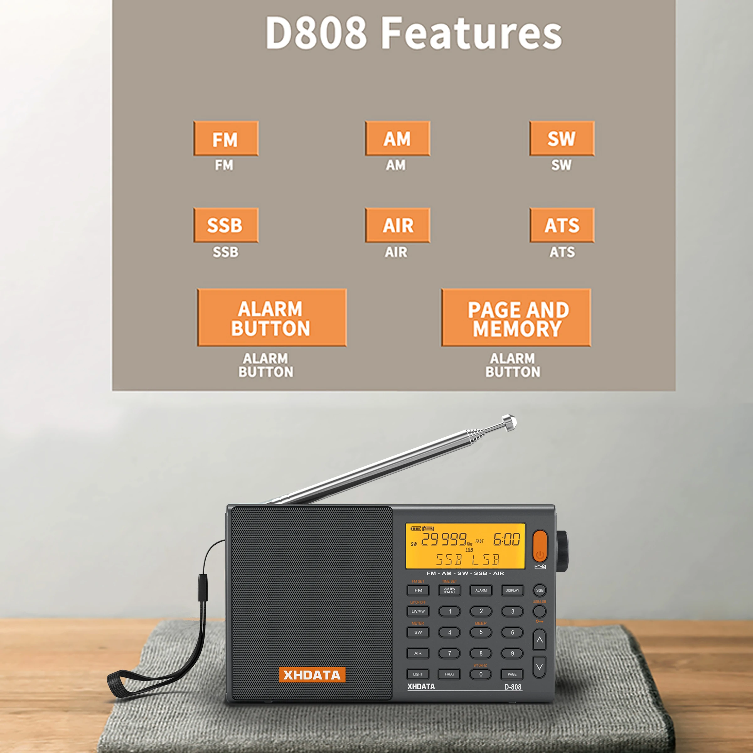 XHDATA SIHUADON D-808 Portable Digital Radio FM stereo/SW/MW/LW/SSB PLL Air Band Multi Band Receiver  Speaker