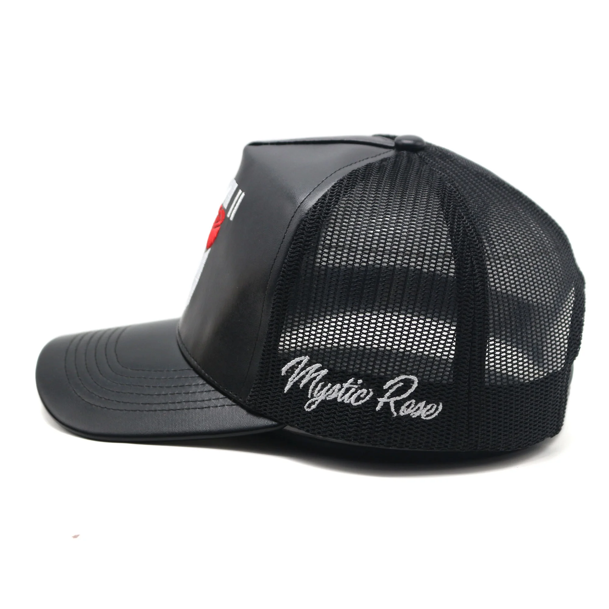 5 panel black leather mesh trucker hats with custom embroidery logo